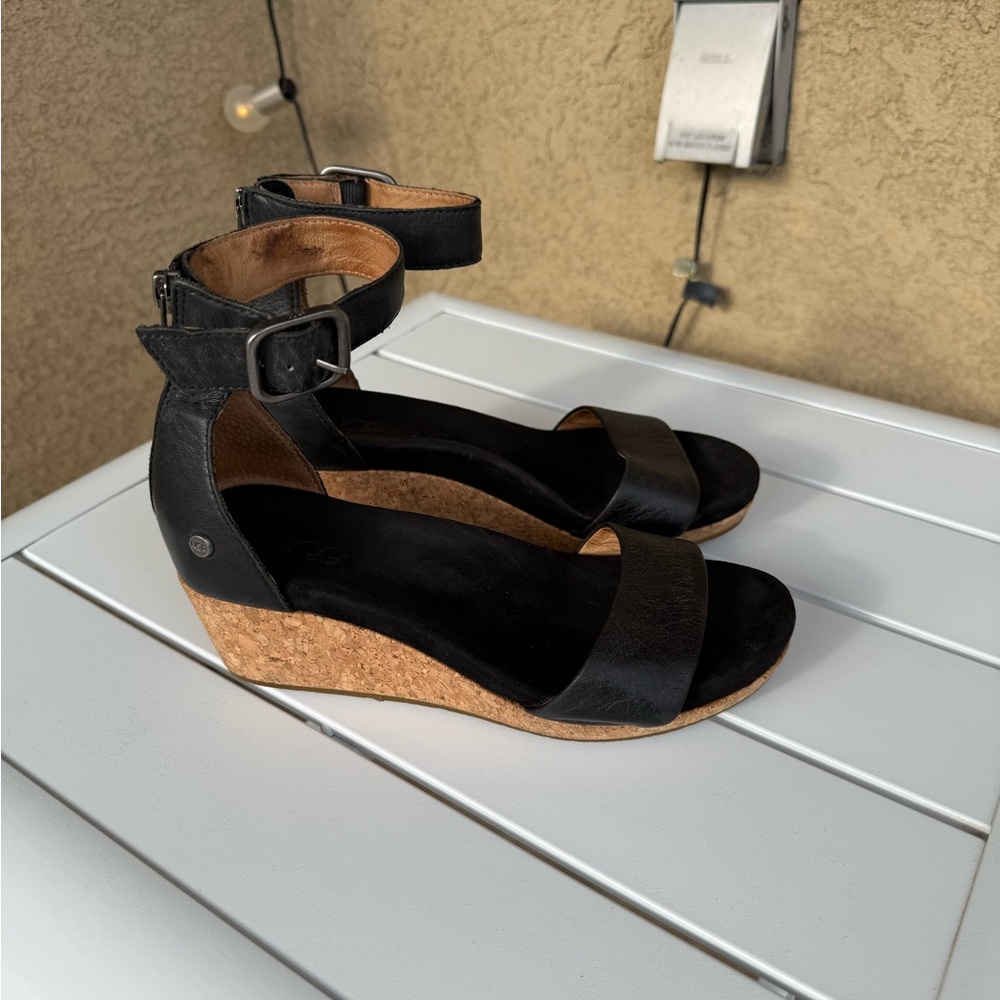 UGG Black leather Wedge Sandals size 5.5